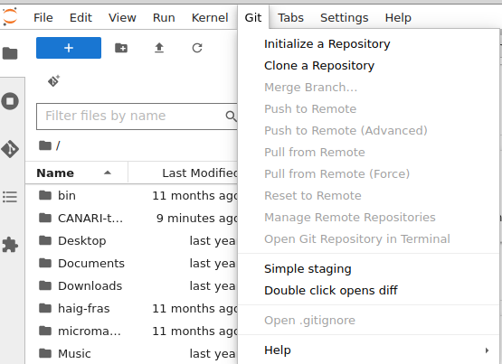 Screenshot of the Jupyter Git Menu